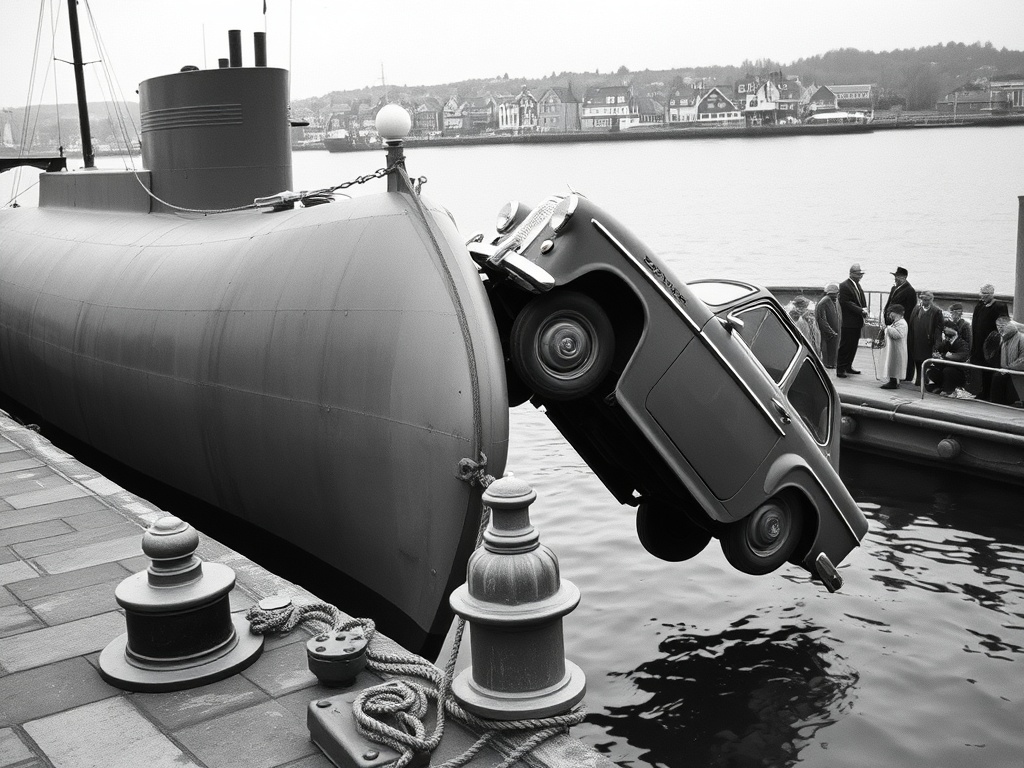 On August 19, 1961, a driverless Volvo PV544 crashed into the docked submarine HSwMS B&auml;vern in Lysekil, Sweden. It is the only known collision between a car and a submarine. Immagine generata con AI – Gazzetta di Malta