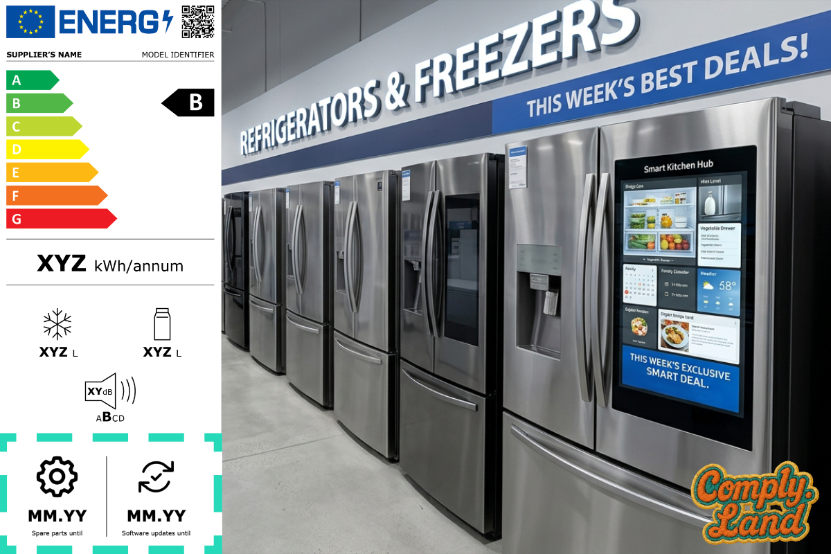 The two fields at the bottom of this label do not exist. Comply.Land's illustration of what a fridge label could tell you: how long parts will be available and how long the software will be kept secure.