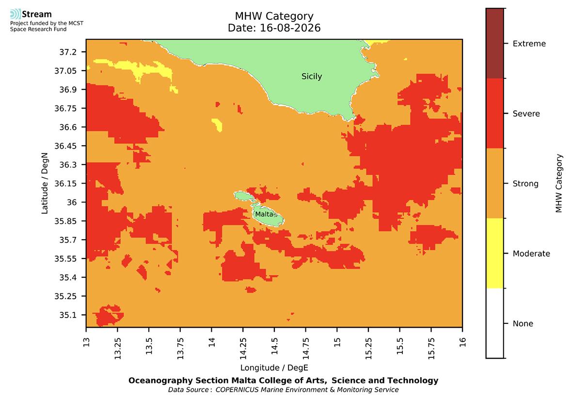 Temperature readings from August 16 show patches of sea temperatures classed as severe close to Malta. Photo: STREAM/MCAST