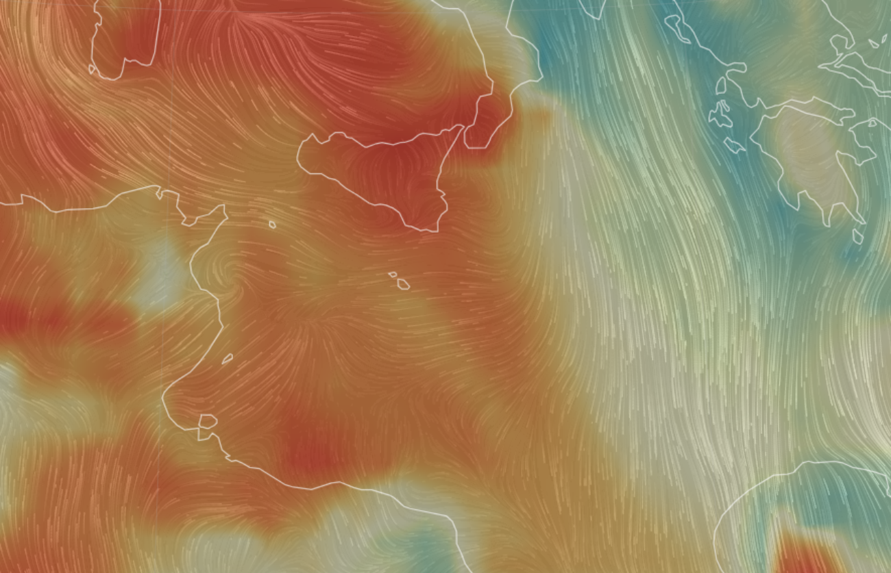 The dust - represented by the colour orange - stretches all the way from the Western Mediterranean to Malta. Photo: Earth Nullschool