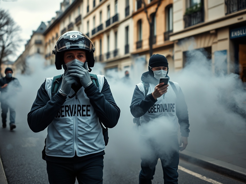 Observers of the Human Rights League, a human rights NGO, use smart phones as they run through smoke duirng a demonstration of high-school students. Immagine generata con AI – Gazzetta di Malta