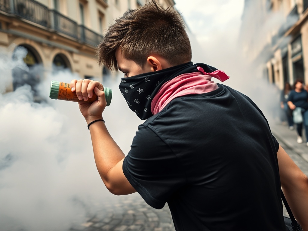 A protester throws back an empty tear gas canister during clashes on the sidelines of a demonstration of high-school students in Rennes. Immagine generata con AI – Gazzetta di Malta