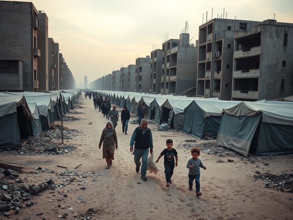 temporary tents of displaced Palestinians is pictured along destroyed buildings in Gaza City on October 7. Immagine generata con AI – Gazzetta di Malta