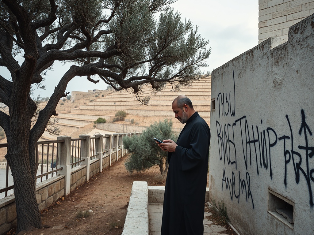 An imam walks past graffiti sprayed on the wall of a mosque following a reported arson attack by Israeli settlers in Mikhmas. Immagine generata con AI – Gazzetta di Malta