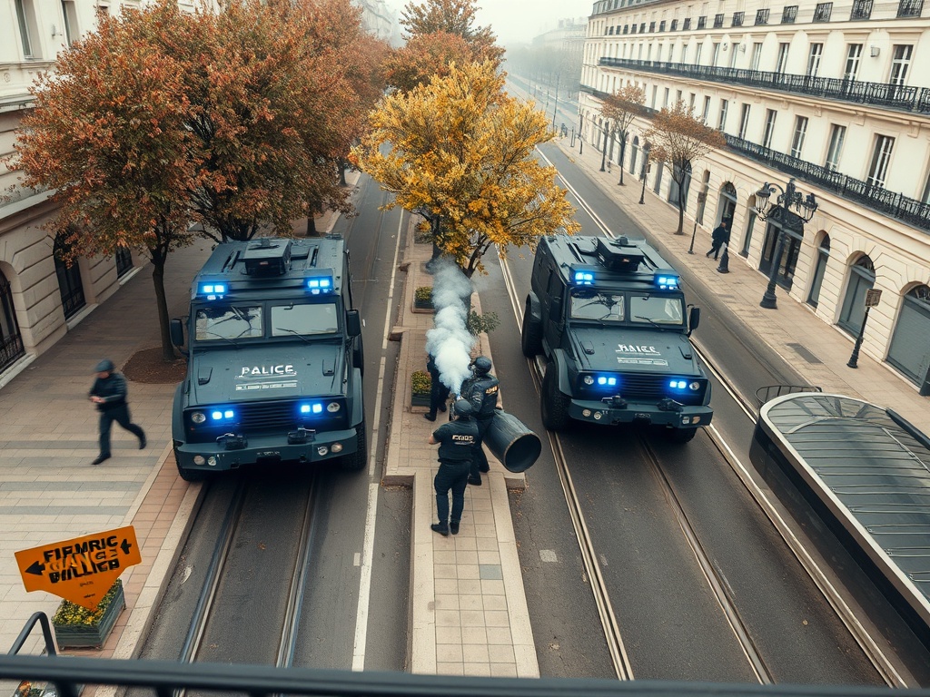 French gendarmes launch teargas grenades as they stand beside a pair of Centaure multipurpose armoured vehicle in Nantes. Immagine generata con AI – Gazzetta di Malta