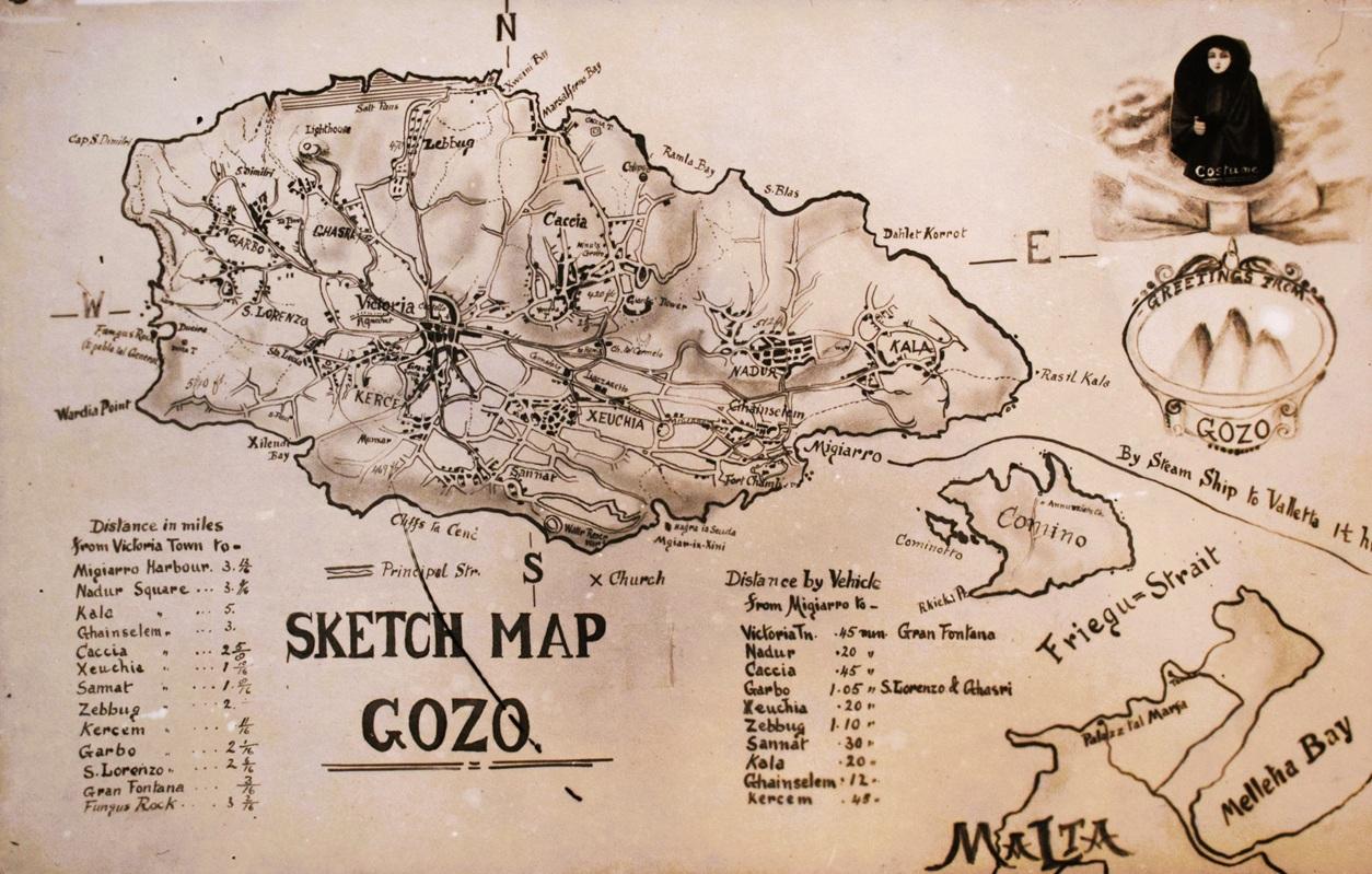 Mappa di Gozo su cartolina.