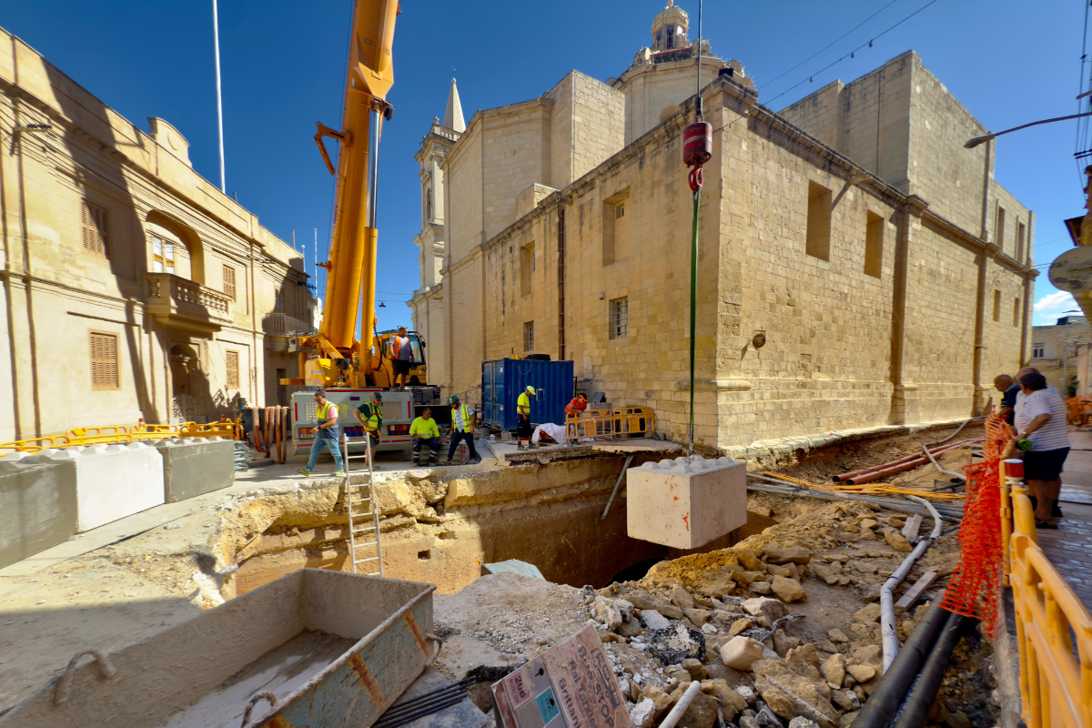 Works were ongoing all day on Tuesday to protect the cistern and the safety of site and the people working on it. Photo: Jonathan Borg